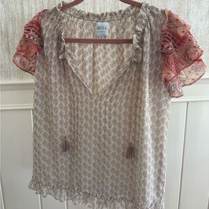 Misa Los Angeles Tan Cream Ruffled Tie Front Blouse